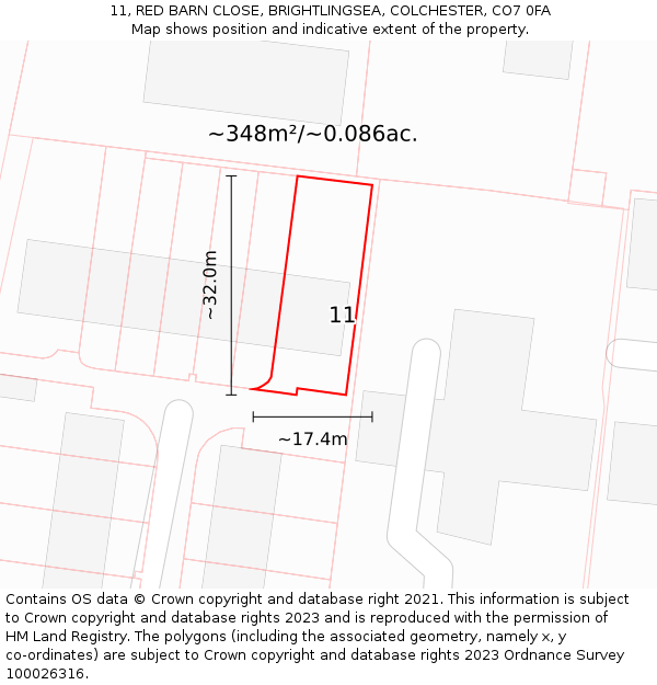 11, RED BARN CLOSE, BRIGHTLINGSEA, COLCHESTER, CO7 0FA: Plot and title map