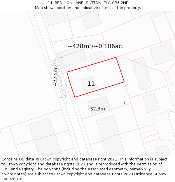 11, RED LION LANE, SUTTON, ELY, CB6 2NE: Plot and title map