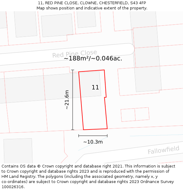 11, RED PINE CLOSE, CLOWNE, CHESTERFIELD, S43 4FP: Plot and title map