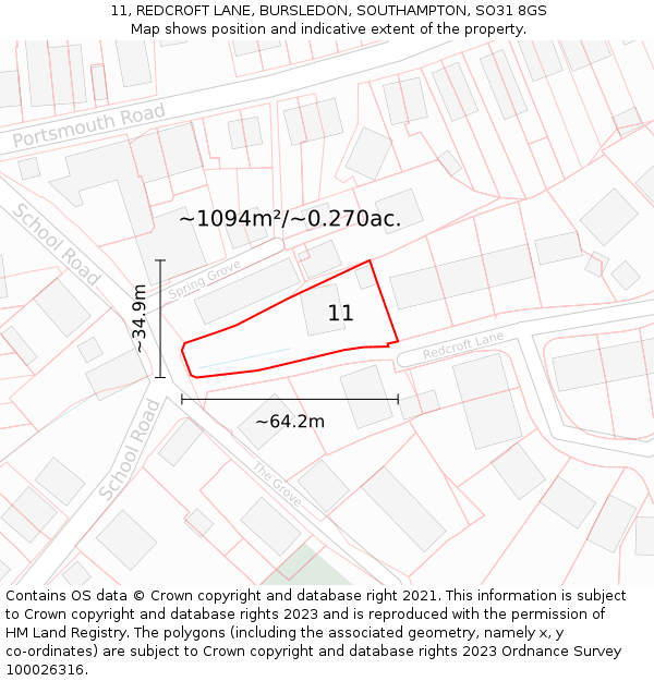 11, REDCROFT LANE, BURSLEDON, SOUTHAMPTON, SO31 8GS: Plot and title map