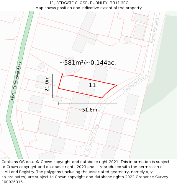 11, REDGATE CLOSE, BURNLEY, BB11 3EG: Plot and title map