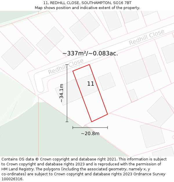 11, REDHILL CLOSE, SOUTHAMPTON, SO16 7BT: Plot and title map
