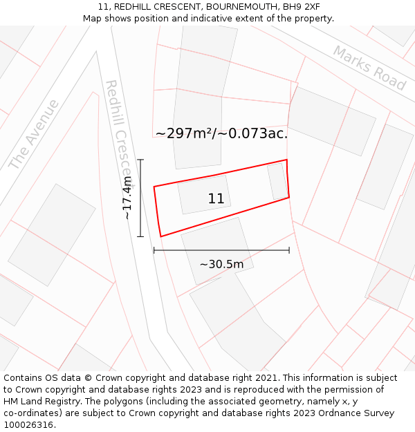 11, REDHILL CRESCENT, BOURNEMOUTH, BH9 2XF: Plot and title map