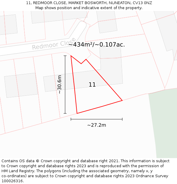 11, REDMOOR CLOSE, MARKET BOSWORTH, NUNEATON, CV13 0NZ: Plot and title map