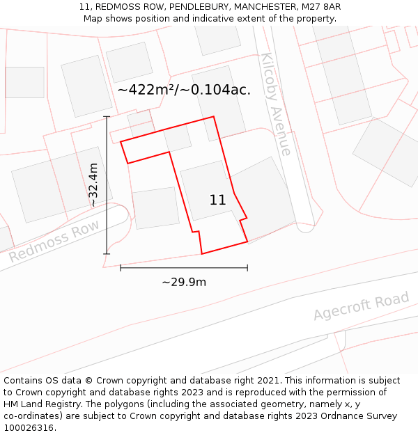 11, REDMOSS ROW, PENDLEBURY, MANCHESTER, M27 8AR: Plot and title map