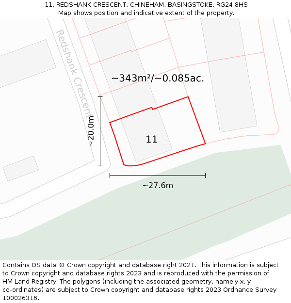 11, REDSHANK CRESCENT, CHINEHAM, BASINGSTOKE, RG24 8HS: Plot and title map