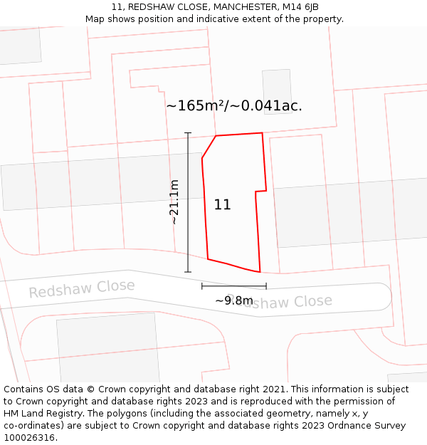 11, REDSHAW CLOSE, MANCHESTER, M14 6JB: Plot and title map