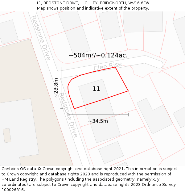 11, REDSTONE DRIVE, HIGHLEY, BRIDGNORTH, WV16 6EW: Plot and title map
