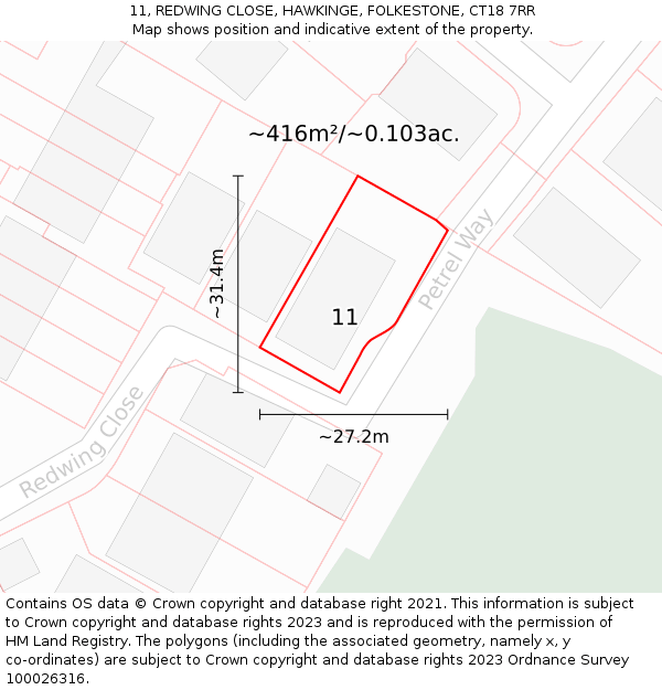 11, REDWING CLOSE, HAWKINGE, FOLKESTONE, CT18 7RR: Plot and title map
