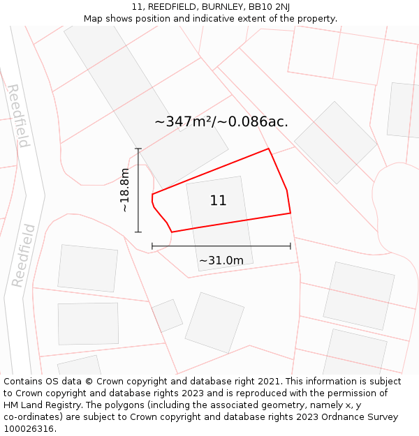 11, REEDFIELD, BURNLEY, BB10 2NJ: Plot and title map