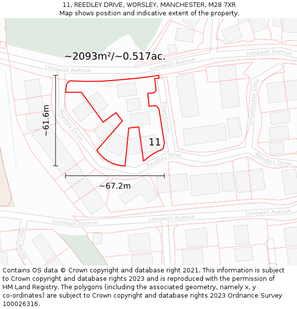 11, REEDLEY DRIVE, WORSLEY, MANCHESTER, M28 7XR: Plot and title map