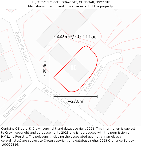 11, REEVES CLOSE, DRAYCOTT, CHEDDAR, BS27 3TB: Plot and title map