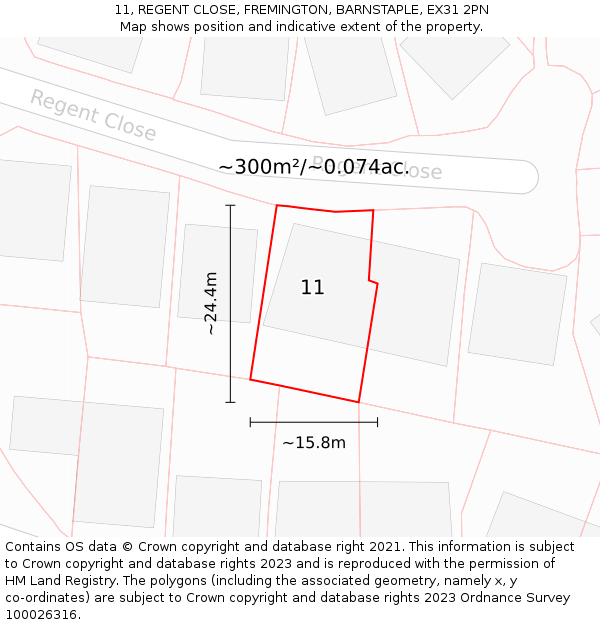 11, REGENT CLOSE, FREMINGTON, BARNSTAPLE, EX31 2PN: Plot and title map