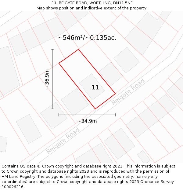 11, REIGATE ROAD, WORTHING, BN11 5NF: Plot and title map