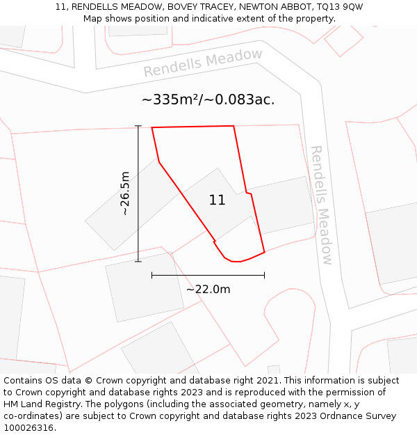 11, RENDELLS MEADOW, BOVEY TRACEY, NEWTON ABBOT, TQ13 9QW: Plot and title map