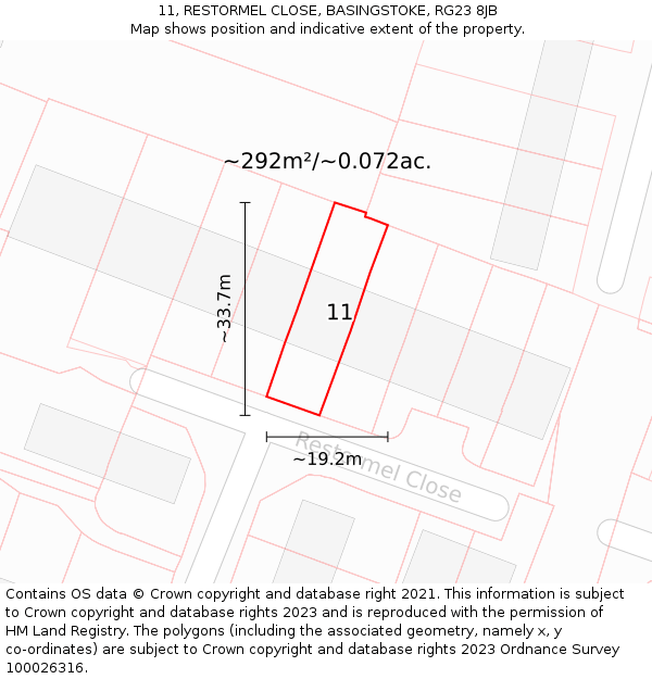11, RESTORMEL CLOSE, BASINGSTOKE, RG23 8JB: Plot and title map