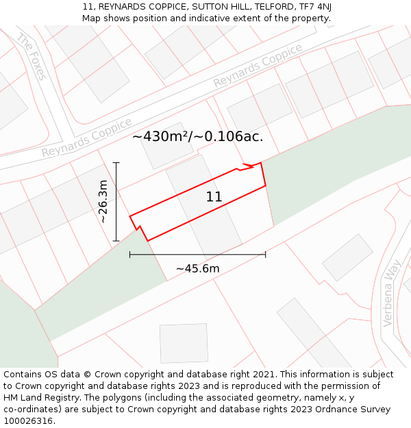 11, REYNARDS COPPICE, SUTTON HILL, TELFORD, TF7 4NJ: Plot and title map