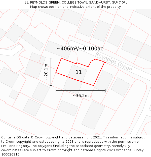 11, REYNOLDS GREEN, COLLEGE TOWN, SANDHURST, GU47 0FL: Plot and title map