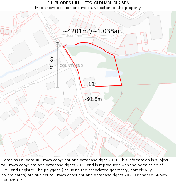 11, RHODES HILL, LEES, OLDHAM, OL4 5EA: Plot and title map