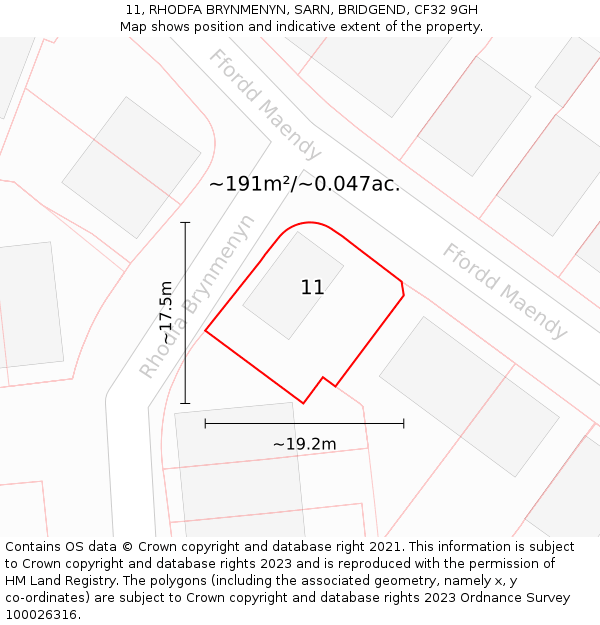 11, RHODFA BRYNMENYN, SARN, BRIDGEND, CF32 9GH: Plot and title map