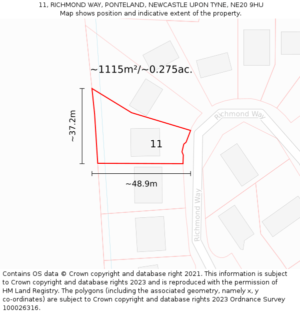 11, RICHMOND WAY, PONTELAND, NEWCASTLE UPON TYNE, NE20 9HU: Plot and title map