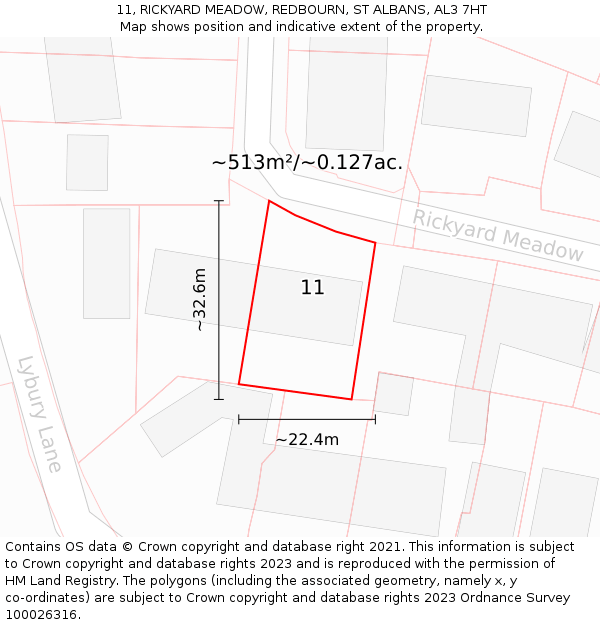 11, RICKYARD MEADOW, REDBOURN, ST ALBANS, AL3 7HT: Plot and title map