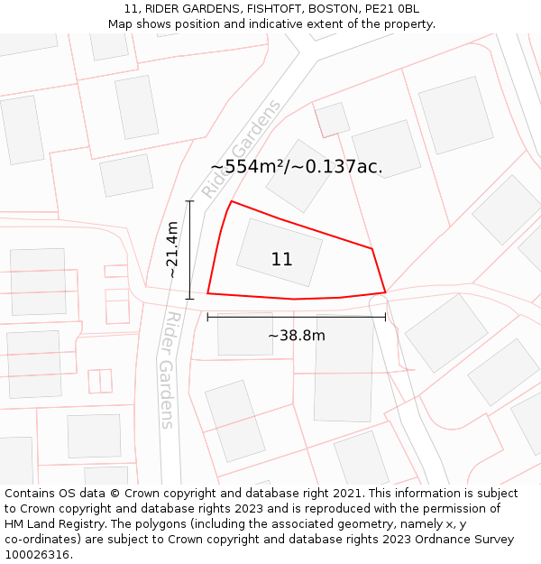 11, RIDER GARDENS, FISHTOFT, BOSTON, PE21 0BL: Plot and title map
