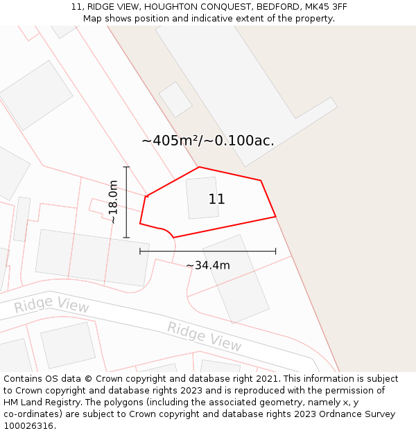 11, RIDGE VIEW, HOUGHTON CONQUEST, BEDFORD, MK45 3FF: Plot and title map