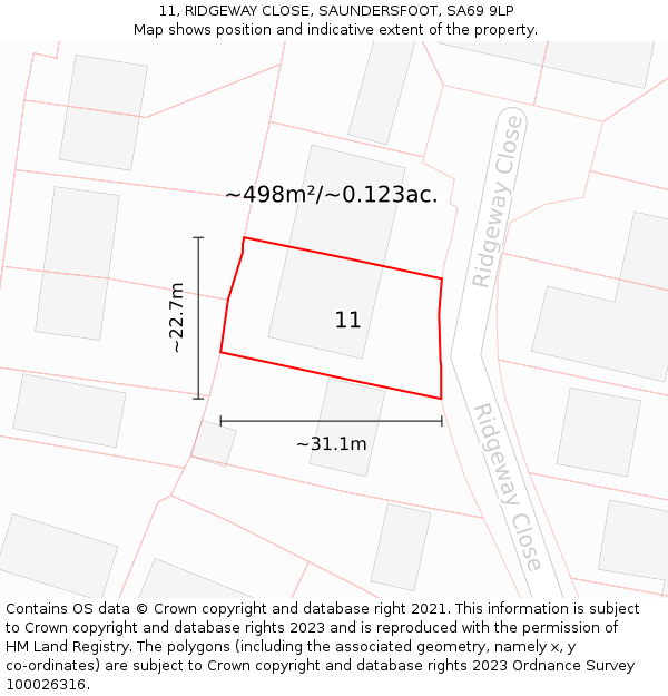 11, RIDGEWAY CLOSE, SAUNDERSFOOT, SA69 9LP: Plot and title map