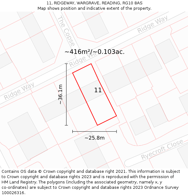 11, RIDGEWAY, WARGRAVE, READING, RG10 8AS: Plot and title map