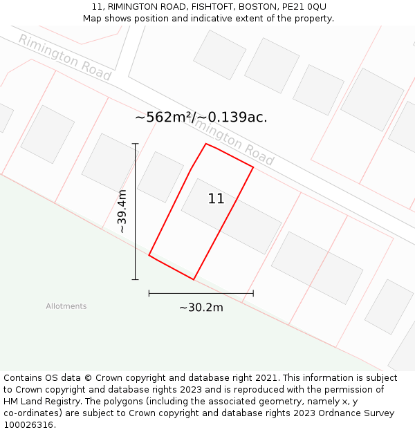 11, RIMINGTON ROAD, FISHTOFT, BOSTON, PE21 0QU: Plot and title map