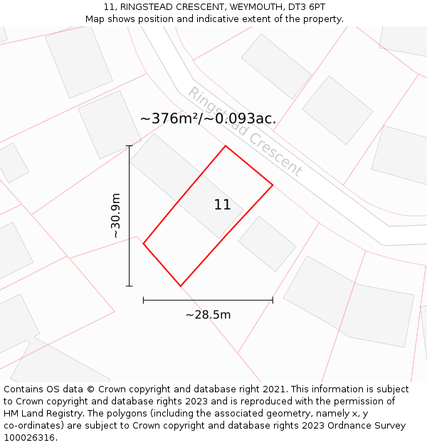 11, RINGSTEAD CRESCENT, WEYMOUTH, DT3 6PT: Plot and title map