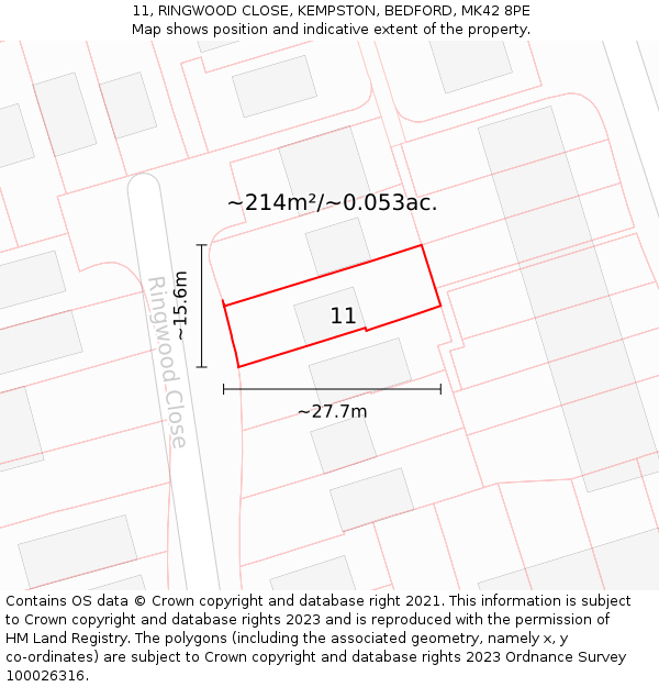 11, RINGWOOD CLOSE, KEMPSTON, BEDFORD, MK42 8PE: Plot and title map