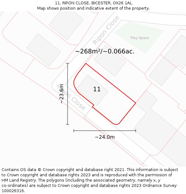 11, RIPON CLOSE, BICESTER, OX26 1AL: Plot and title map