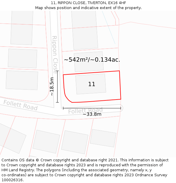 11, RIPPON CLOSE, TIVERTON, EX16 4HF: Plot and title map