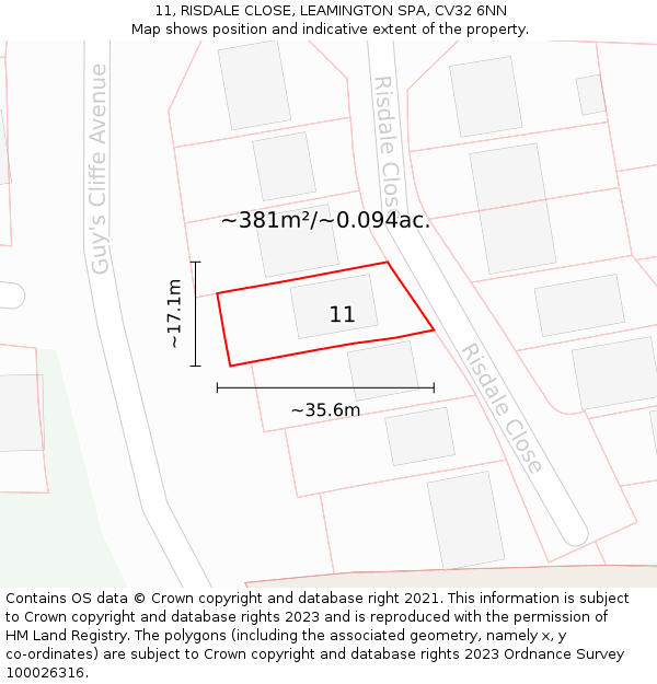 11, RISDALE CLOSE, LEAMINGTON SPA, CV32 6NN: Plot and title map