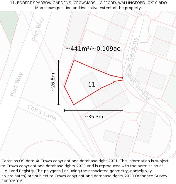 11, ROBERT SPARROW GARDENS, CROWMARSH GIFFORD, WALLINGFORD, OX10 8DQ: Plot and title map