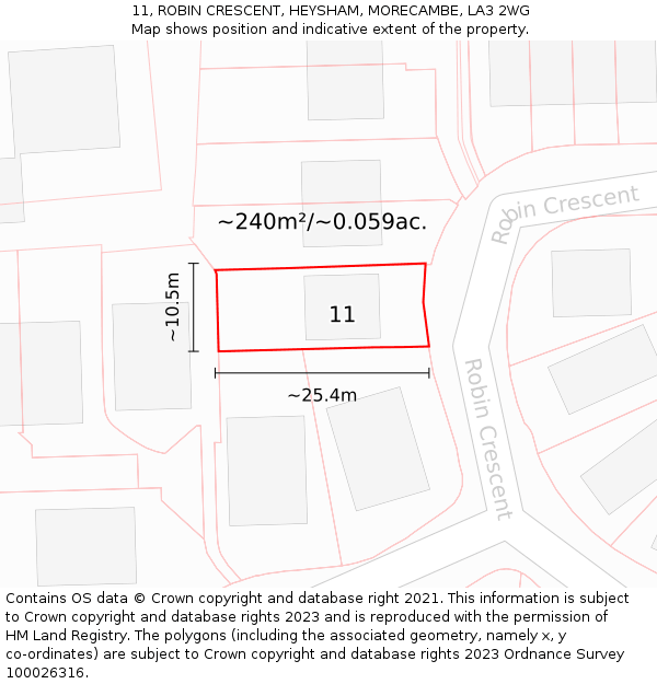 11, ROBIN CRESCENT, HEYSHAM, MORECAMBE, LA3 2WG: Plot and title map