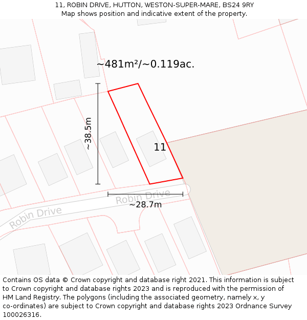 11, ROBIN DRIVE, HUTTON, WESTON-SUPER-MARE, BS24 9RY: Plot and title map