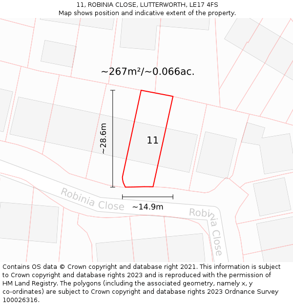 11, ROBINIA CLOSE, LUTTERWORTH, LE17 4FS: Plot and title map