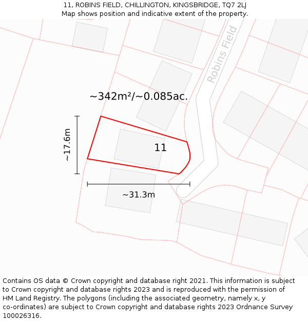 11, ROBINS FIELD, CHILLINGTON, KINGSBRIDGE, TQ7 2LJ: Plot and title map