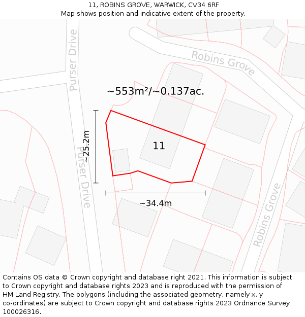11, ROBINS GROVE, WARWICK, CV34 6RF: Plot and title map