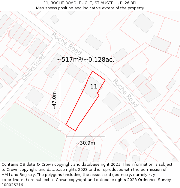 11, ROCHE ROAD, BUGLE, ST AUSTELL, PL26 8PL: Plot and title map