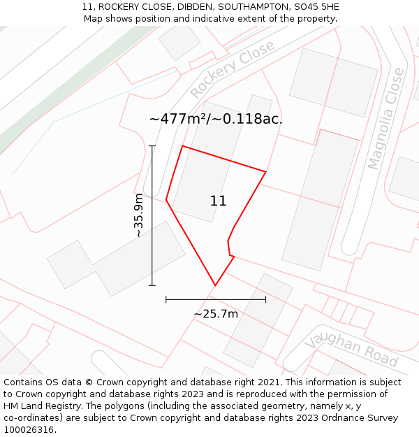 11, ROCKERY CLOSE, DIBDEN, SOUTHAMPTON, SO45 5HE: Plot and title map