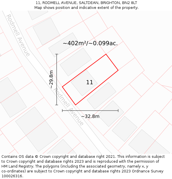 11, RODMELL AVENUE, SALTDEAN, BRIGHTON, BN2 8LT: Plot and title map