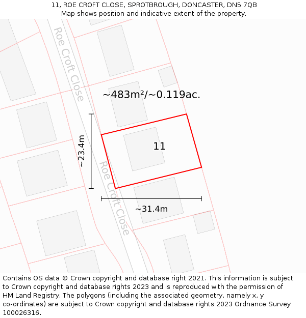 11, ROE CROFT CLOSE, SPROTBROUGH, DONCASTER, DN5 7QB: Plot and title map