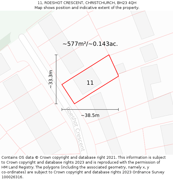 11, ROESHOT CRESCENT, CHRISTCHURCH, BH23 4QH: Plot and title map