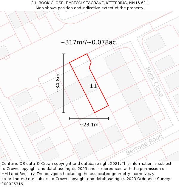 11, ROOK CLOSE, BARTON SEAGRAVE, KETTERING, NN15 6FH: Plot and title map