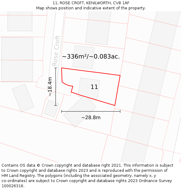 11, ROSE CROFT, KENILWORTH, CV8 1AF: Plot and title map