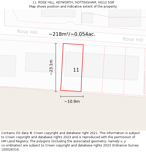 11, ROSE HILL, KEYWORTH, NOTTINGHAM, NG12 5GR: Plot and title map